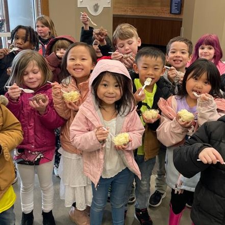Students eating ice cream in the lobby at Farm Wisconsin